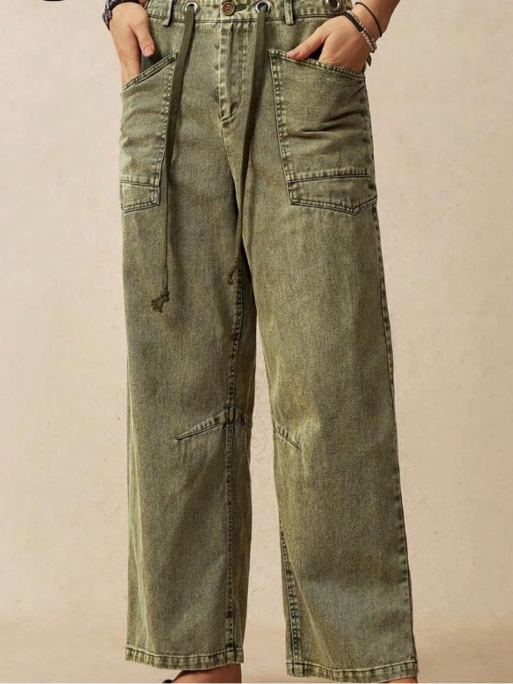 Casual Drawstring soft denim Pants - Olive